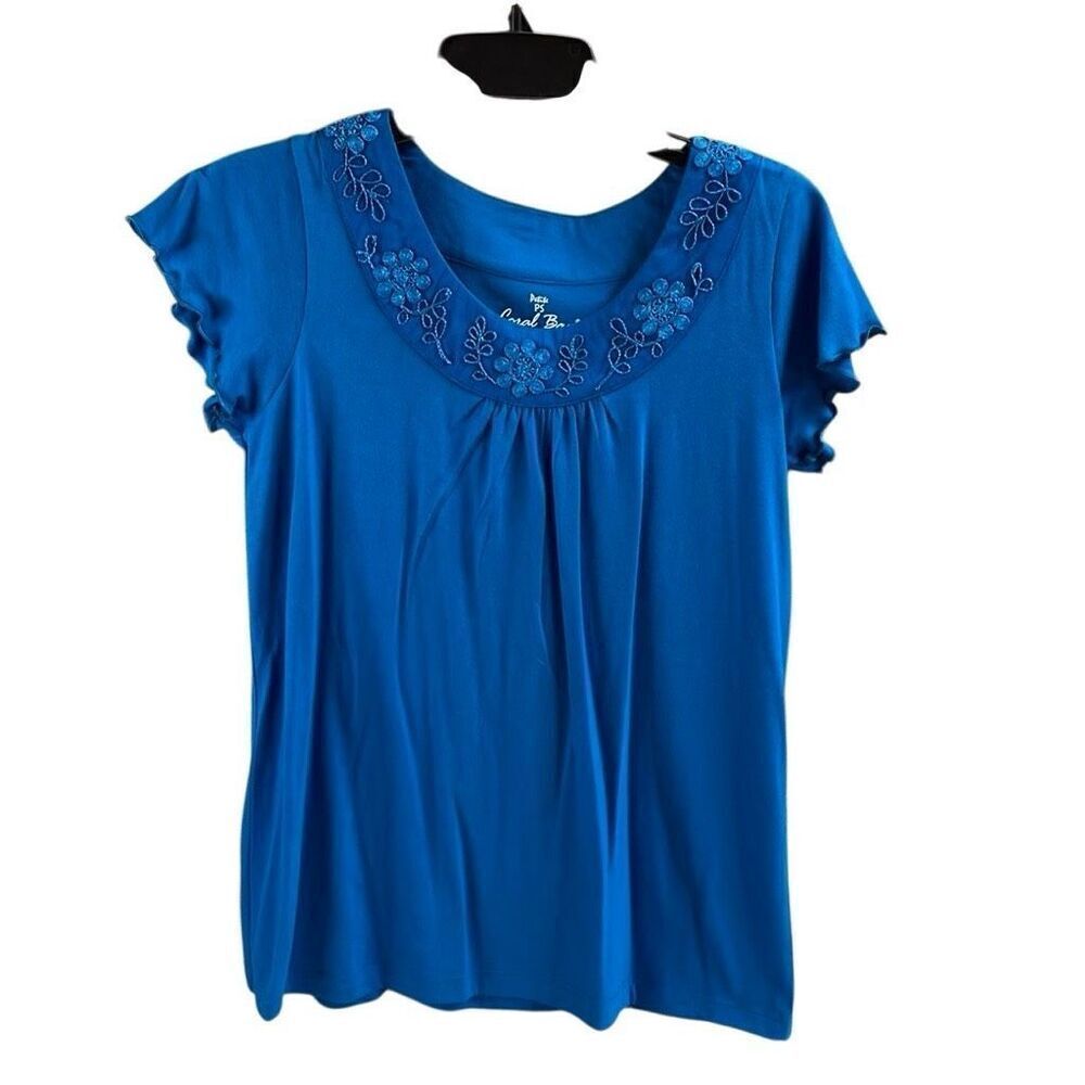CORAL BAY Women’s Petite Small Embroidered Neckline Short Scalloped Sleeves Boho
